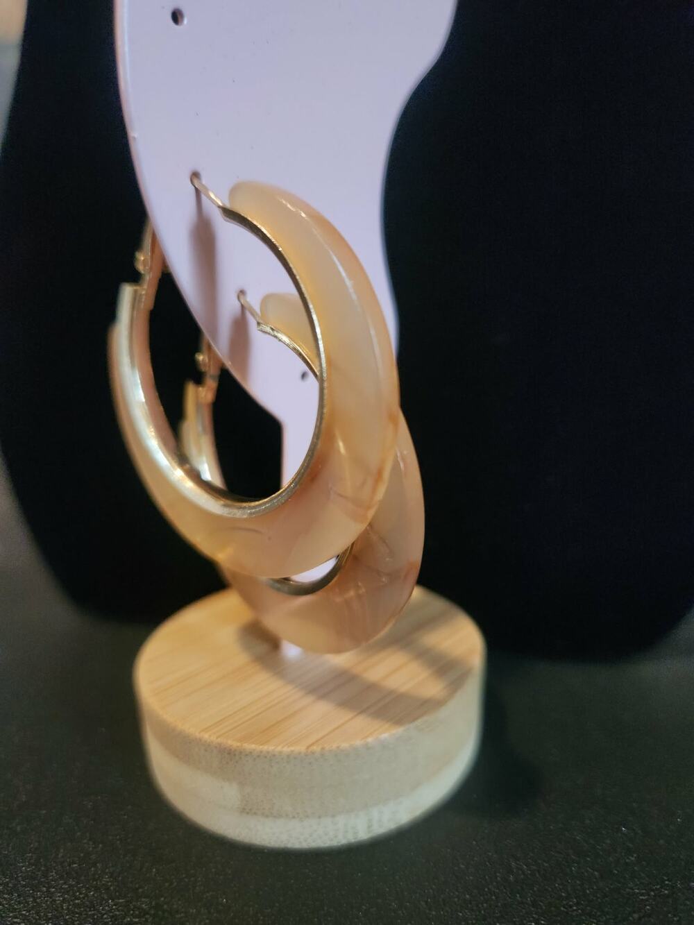 Cream & Beige Marbled Acrylic Hoop Earrings With Gold Tone Hardware
